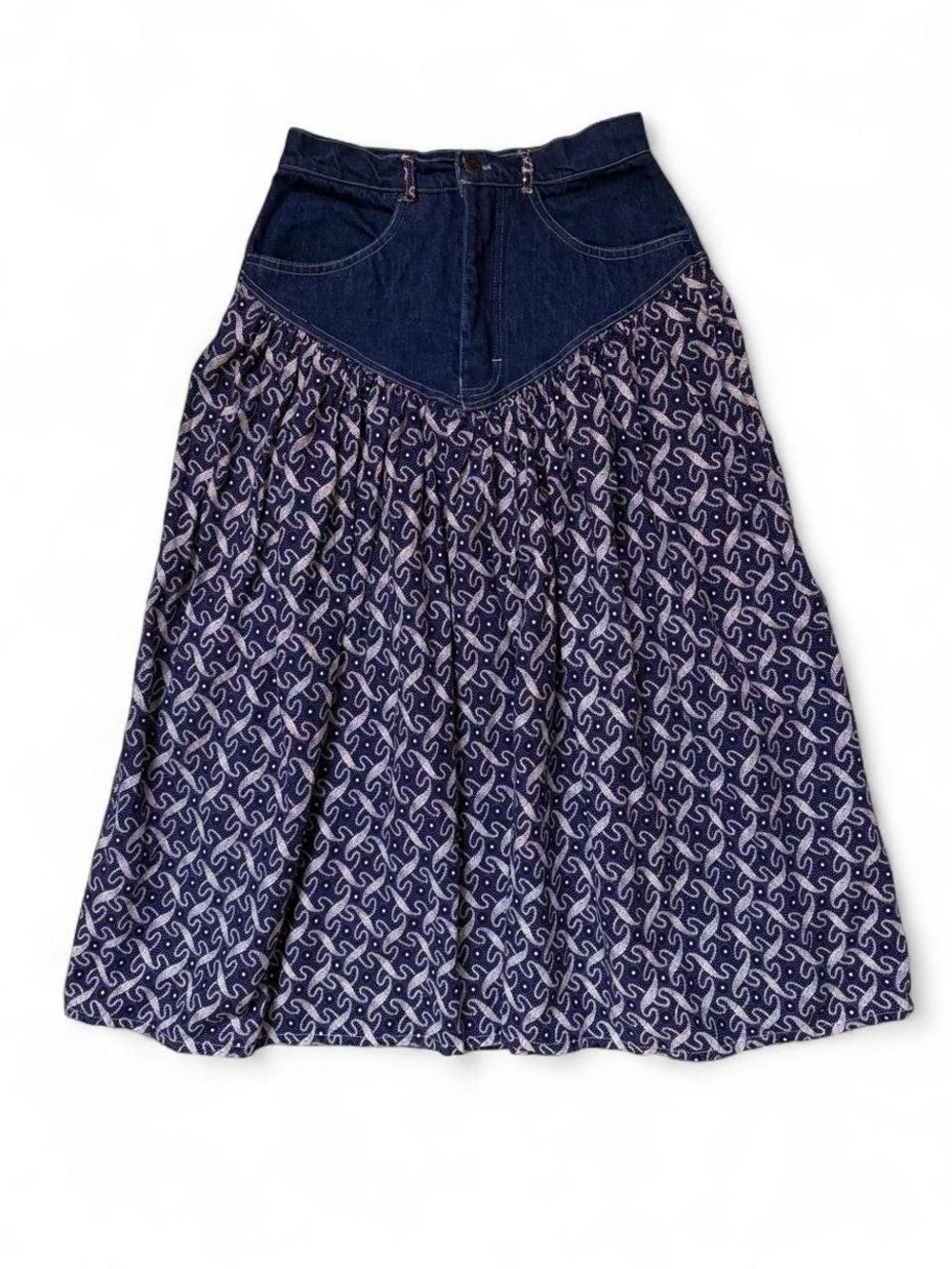 Vintage Drop Waist Western Denim Yoke Midi Skirt